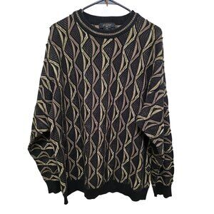 Vintage Protege Men XXL Grandpa Knit Coogi Style Sweater Geometric Pattern Black